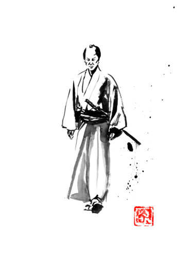 Dibujo titulada "walking samurai" por Péchane, Obra de arte original, Acuarela