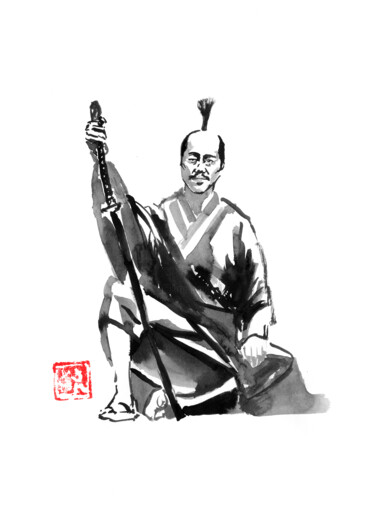 Dibujo titulada "resting samurai" por Péchane, Obra de arte original, Acuarela