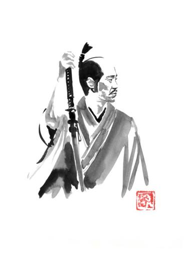 Desenho intitulada "samurai waiting" por Péchane, Obras de arte originais, Aquarela