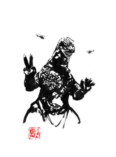 Dibujo titulada "cool godzilla" por Péchane, Obra de arte original, Acuarela