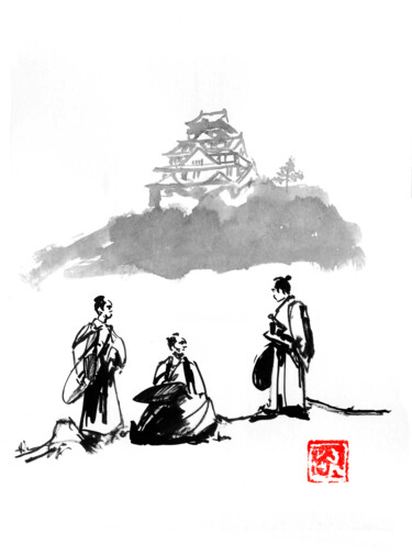 Drawing titled "three samurai" by Péchane, Original Artwork, Watercolor
