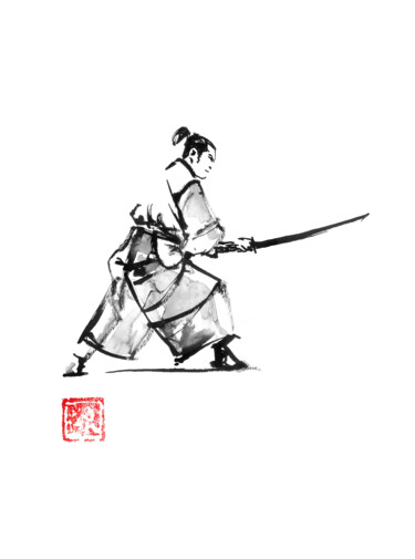 Drawing titled "samurai en garde" by Péchane, Original Artwork, Watercolor