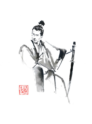 Drawing titled "samouraï assis" by Péchane, Original Artwork, Watercolor