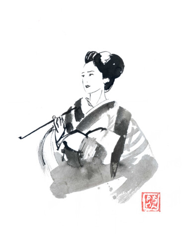Drawing titled "geisha qui fume" by Péchane, Original Artwork, Watercolor