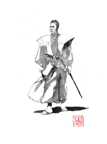Dessin intitulée "samourai qui mache" par Péchane, Œuvre d'art originale, Aquarelle