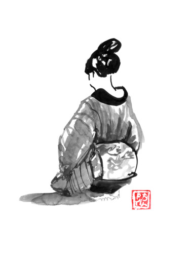 Drawing titled "geisha back" by Péchane, Original Artwork, Watercolor