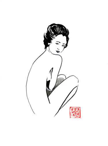 Рисунок под названием "geisha nude back" - Péchane, Подлинное произведение искусства, Акварель