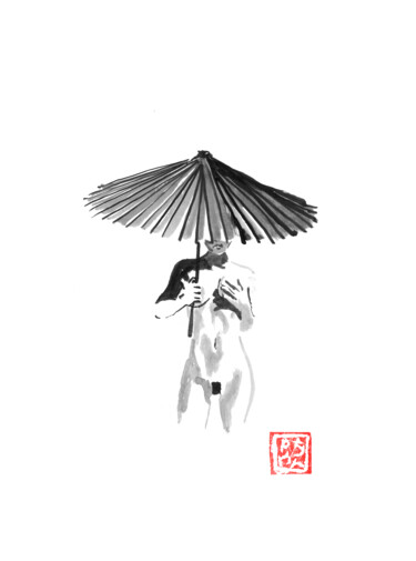 Drawing titled "geisha nude umbrella" by Péchane, Original Artwork, Watercolor