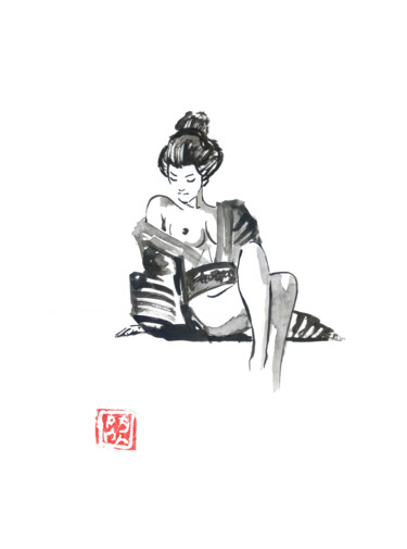 Рисунок под названием "geisha at the beach" - Péchane, Подлинное произведение искусства, Акварель