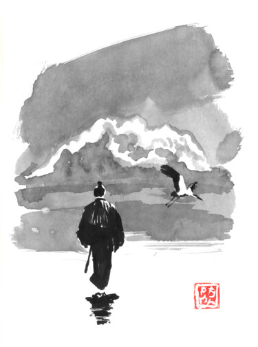 Disegno intitolato "samurai and storke" da Péchane, Opera d'arte originale, Acquarello