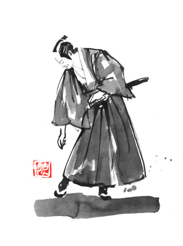 Dessin intitulée "samurai checking hi…" par Péchane, Œuvre d'art originale, Aquarelle