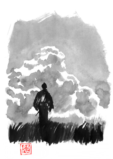 Drawing titled "walking samurai in…" by Péchane, Original Artwork, Watercolor