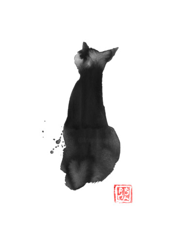 Disegno intitolato "black cat back" da Péchane, Opera d'arte originale, Acquarello
