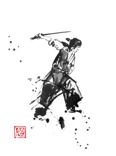 Drawing titled "cutting samurai" by Péchane, Original Artwork, Watercolor