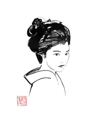 Drawing titled "geisha in kimono" by Péchane, Original Artwork, Watercolor