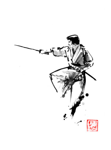 Drawing titled "jumping samurai" by Péchane, Original Artwork, Watercolor