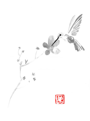 Рисунок под названием "sakura and bird" - Péchane, Подлинное произведение искусства, Акварель