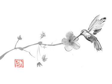 Drawing titled "sakura and bird 02" by Péchane, Original Artwork, Watercolor