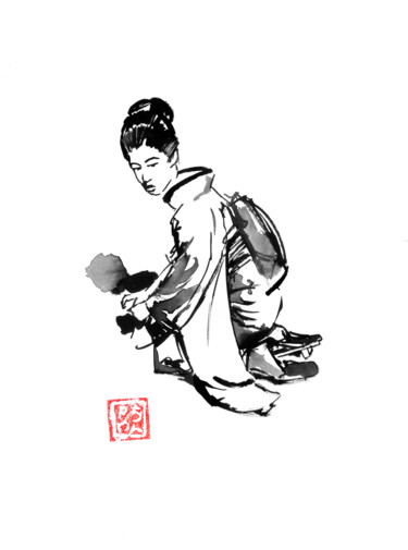 Desenho intitulada "geisha agenouillée" por Péchane, Obras de arte originais, Aquarela