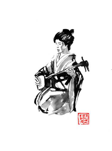 Рисунок под названием "geisha shamisen pla…" - Péchane, Подлинное произведение искусства, Акварель