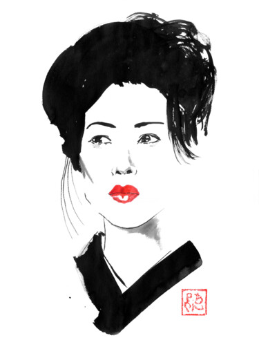 Drawing titled "lady geisha" by Péchane, Original Artwork, Watercolor