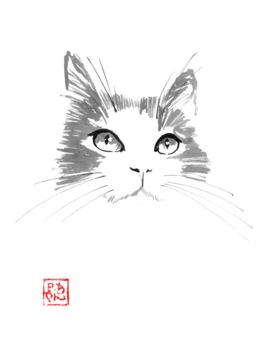 Drawing titled "cat face look up" by Péchane, Original Artwork, Watercolor