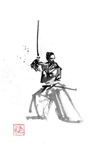Drawing titled "samourai en garde" by Péchane, Original Artwork, Watercolor