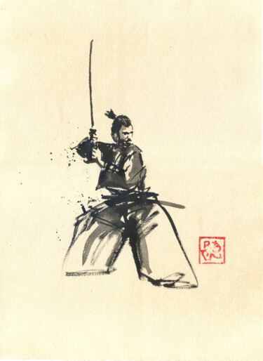 Dessin intitulée "samourai en garde s…" par Péchane, Œuvre d'art originale, Aquarelle