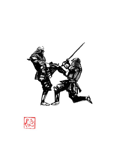 Drawing titled "samurai fight 02" by Péchane, Original Artwork, Watercolor