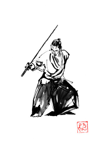 Рисунок под названием "samourai fin de com…" - Péchane, Подлинное произведение искусства, Акварель