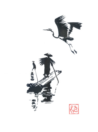 Σχέδιο με τίτλο "fisherman and stork" από Péchane, Αυθεντικά έργα τέχνης, Ακουαρέλα