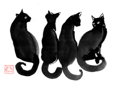 Disegno intitolato "4 black cats" da Péchane, Opera d'arte originale, Acquarello