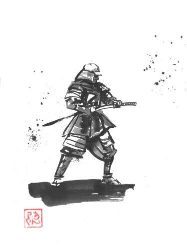 Drawing titled "samourai dégaine" by Péchane, Original Artwork, Watercolor