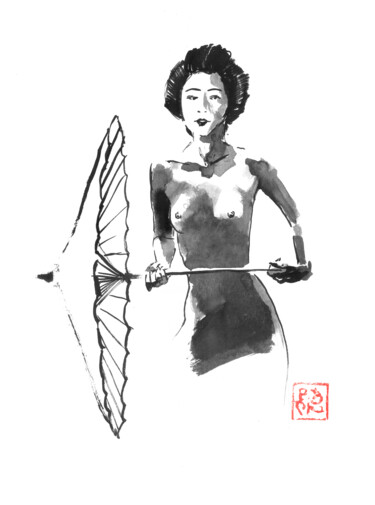 Dessin intitulée "geisha nude and umb…" par Péchane, Œuvre d'art originale, Aquarelle