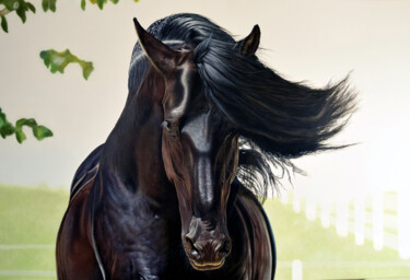 Картина под названием "Black Horse Aramis" - Peda Radovanovic, Подлинное произведение искусства, Масло Установлен на Деревян…
