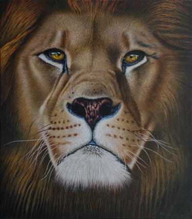 Painting titled "Lion King" by Peda Radovanovic, Original Artwork, Oil Mounted on Wood Stretcher frame