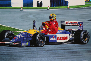 Schilderij getiteld "Mansell & Senna at…" door Peda Radovanovic, Origineel Kunstwerk, Olie