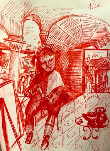Рисунок под названием "Boceto “Niña Pintan…" - Jorge Alejandro Pedrido, Подлинное произведение искусства, Шариковая ручка