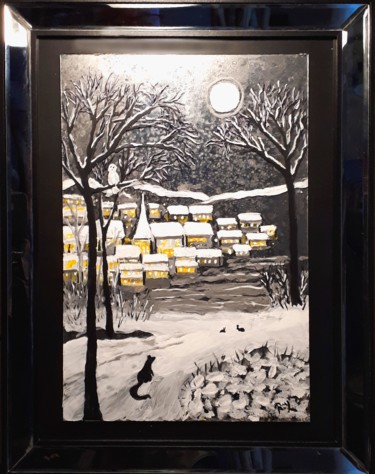 Painting titled "Village sous la nei…" by Pedro Bujeque (Rey), Original Artwork, Acrylic Mounted on Glass
