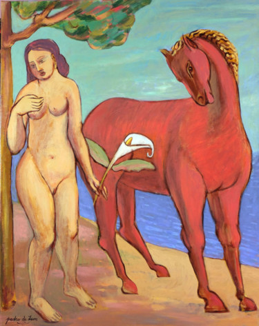 Peinture intitulée "FEMME AU CHEVAL ROU…" par Pedro De Leon, Œuvre d'art originale, Acrylique