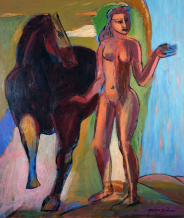Painting titled "FEMME AU CHEVAL" by Pedro De Leon, Original Artwork, Acrylic