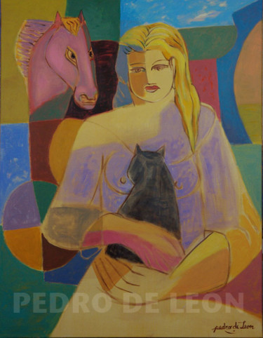 Painting titled "FEMME AU CHAT" by Pedro De Leon, Original Artwork
