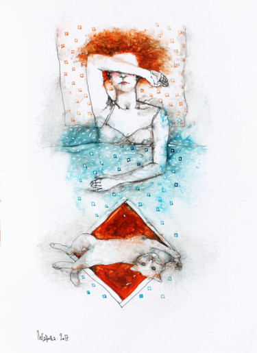 Painting titled "Sleeping woman with…" by Pegaso, Original Artwork, Watercolor