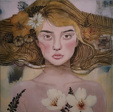 Painting titled "Femme aux fleurs" by Peggy Lurton, Original Artwork, Acrylic