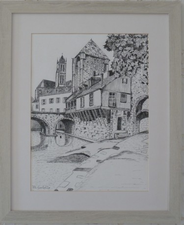 Drawing titled "Moret sur Loing" by Michèle Cerbello (Peintre), Original Artwork, Ballpoint pen Mounted on Cardboard
