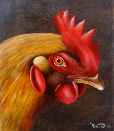 Peinture intitulée ""Portrait de coq"" par Wilfried Vincent, Œuvre d'art originale, Huile