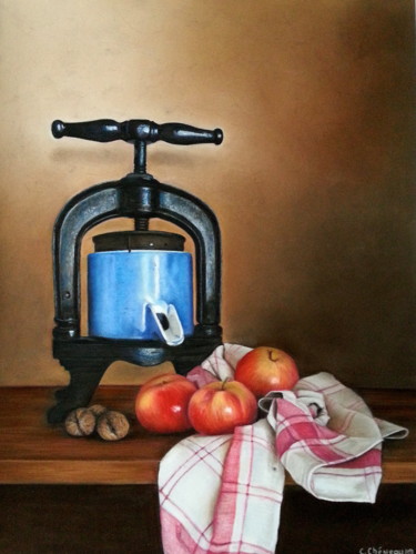 Painting titled "Pressoir et pommes" by Cathy Cheneau, Original Artwork, Pastel