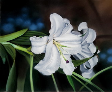 Painting titled "Lys blanc" by Cathy Cheneau, Original Artwork, Pastel