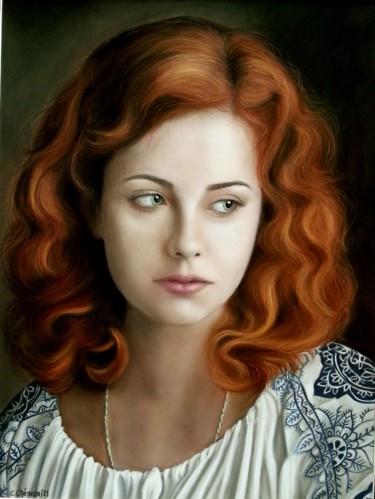 Pintura intitulada "Jeune fille triste" por Cathy Cheneau, Obras de arte originais, Pastel