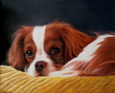 Pintura intitulada "Petit chien rêveur" por Cathy Cheneau, Obras de arte originais, Pastel